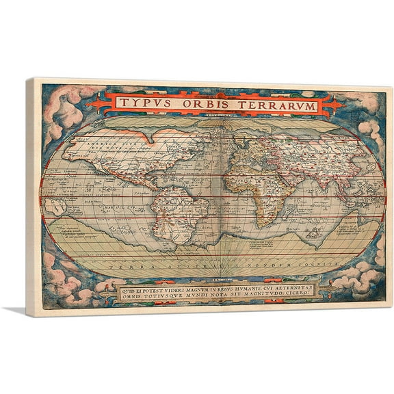 ARTCANVAS World Map 1579 Canvas Art Print by Abraham Ortelius - Size: 26" x 18" (0.75" Deep)