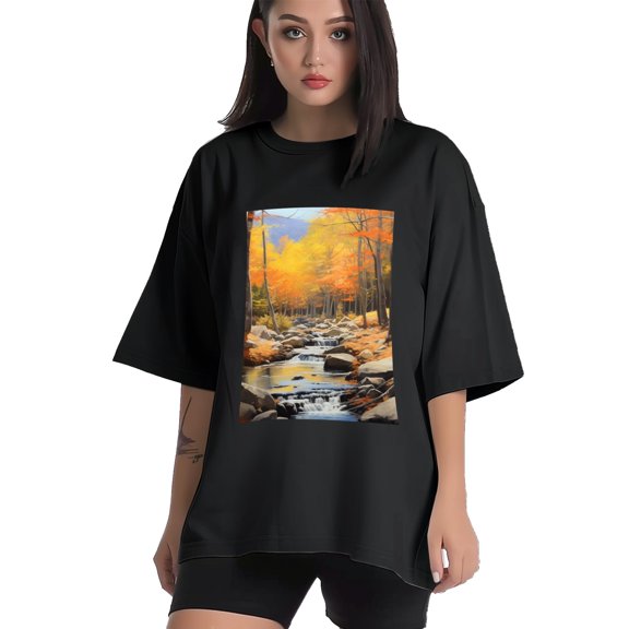 Plus Size Shirt for Women Black Tops for Women Short Sleeves Shirt for Women Forest At Autumn T Shirt Crewneck Shirt for Women XS
