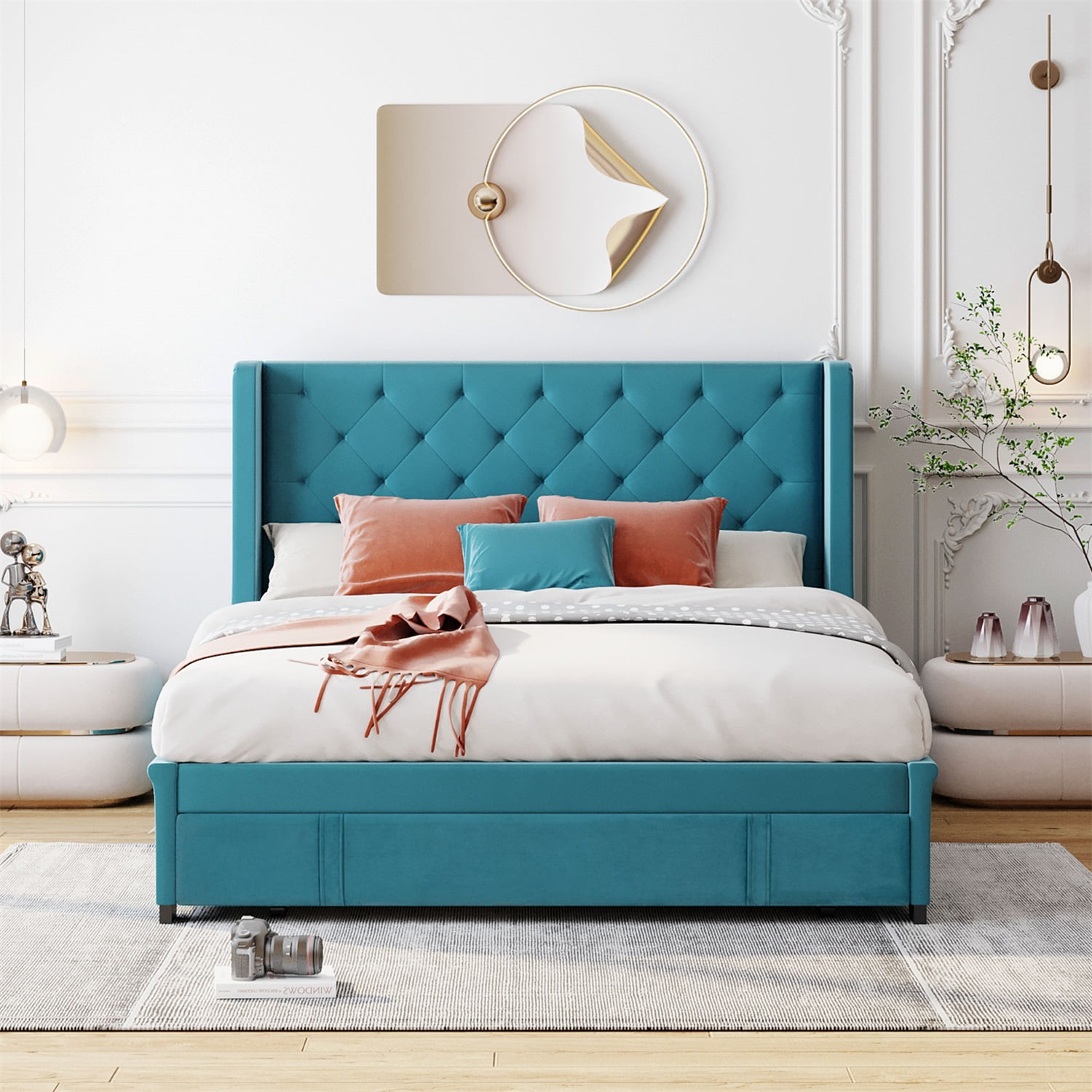 Kadyn Upholstered Platform Bed Frame with Wingback Headboard / Mattress Foundation / Wood Slat Support / No Box Spring Needed / Easy Assembly, Queen&Blue