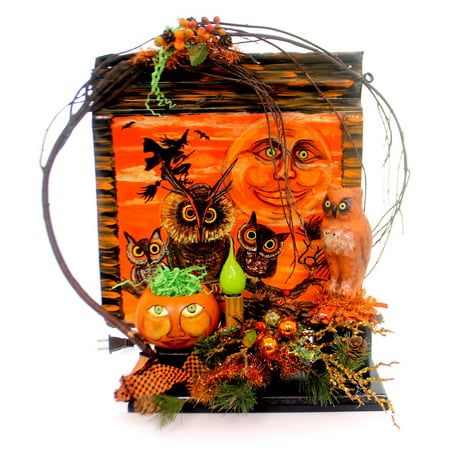 Halloween MOON AND OWL ELECTRIC FIGURINE Metal Lighted Pumpkin Grapevine Ch93