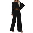 thumbnail image 2 of PNTUTB Women's Fashion 2 Piece Set Solid Color Long Sleeve Elastic Waistband Short Top Wide Leg Pants Casual Loose Lounge Set, 2 of 6