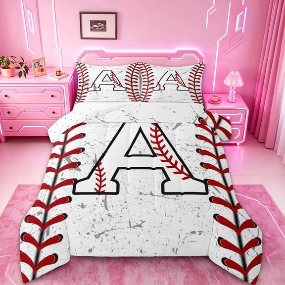 Manfei Letter A Monogrammed Bedding Comforter Set,Baseball Game Lover Twin Comforter Sets,White Red Bedding Set For Boys,Microfiber Room Decorative Reversible,2pcs