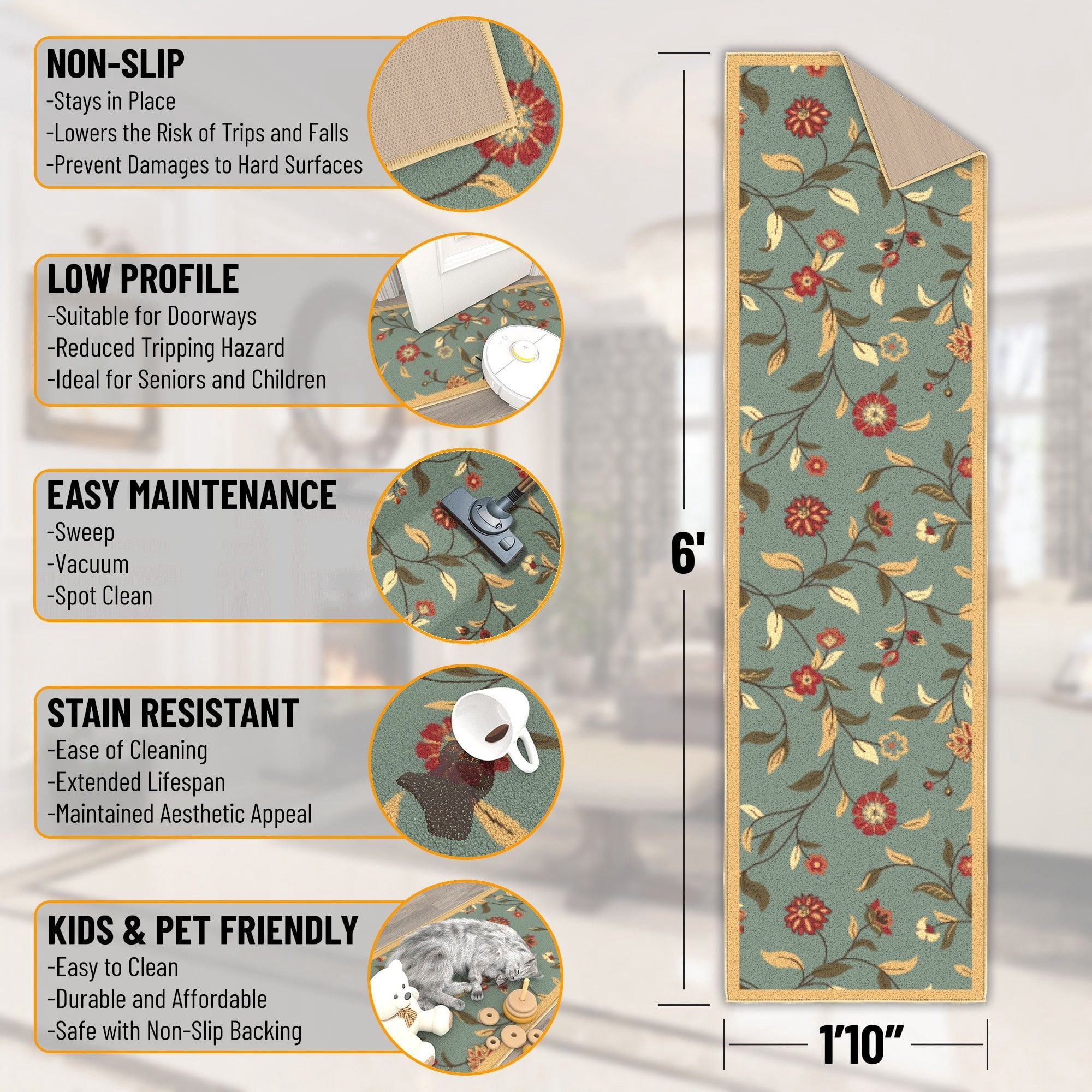 Ottomanson Floral Kitchen Runner Rug 1'10" x 6' - Non Slip Low Pile Carpet, Seafoam Green