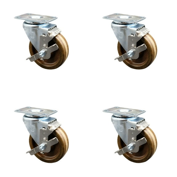 4 Inch SS High Temp Phenolic Swivel Top Plate Caster Set with Brake SCC