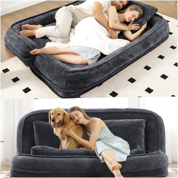 Extra Large 2-in-1 Convertible Floor Sofa Bed with Pillows, Adjustable Backrest, Dark Gray Chenille Fabric