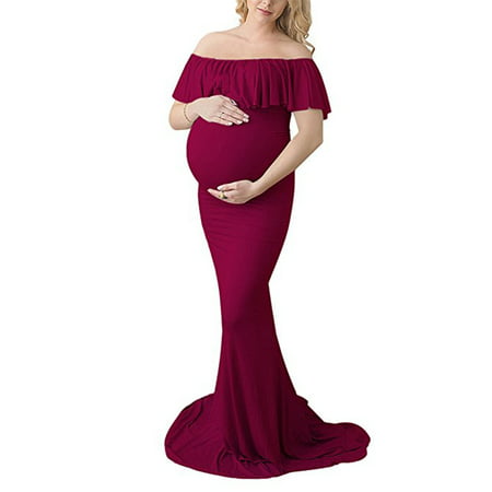 DYMADE Women's Off Shoulder Ruffles Maternity Slim Fit Gown Maxi Photography