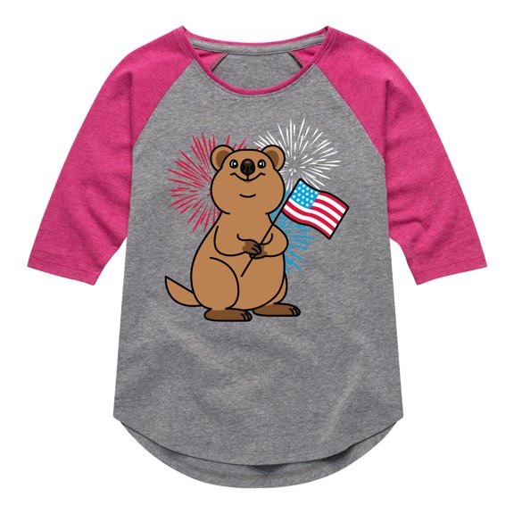 Instant Message - Quokka with American Flag & Fireworks - Toddler & Youth Girls Raglan Graphic T-Shirt