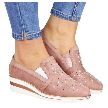 Oyedens Wedge Walking Shoes for Women Fashion Casual Rhinestones Heels Slip on Work Loafers