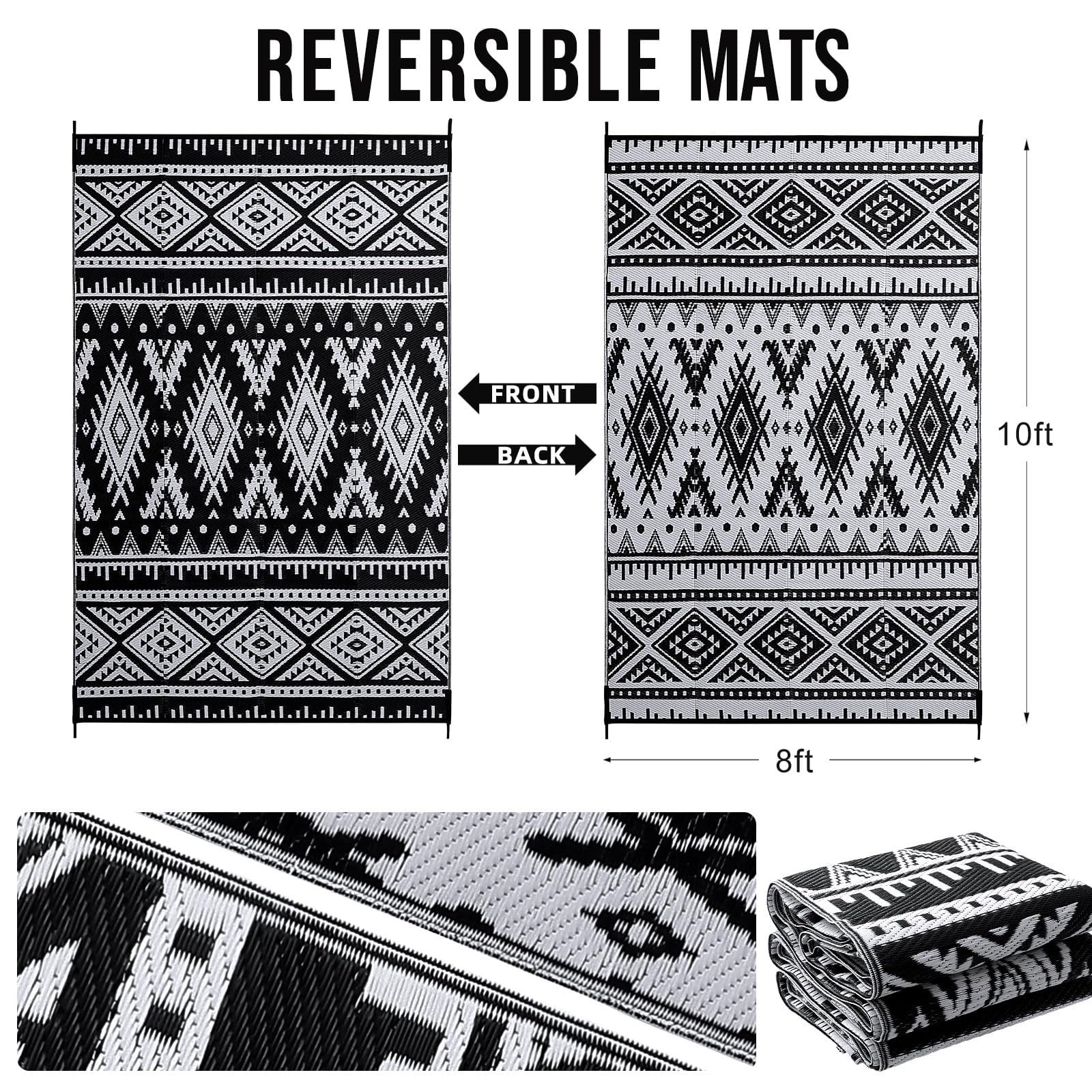 Smiry Outdoor Rugs 8'X10', Waterproof Plastic Outdoor Mat, Reversible Outdoor Carpet for Patio, RV Camping, Porch, Black & White