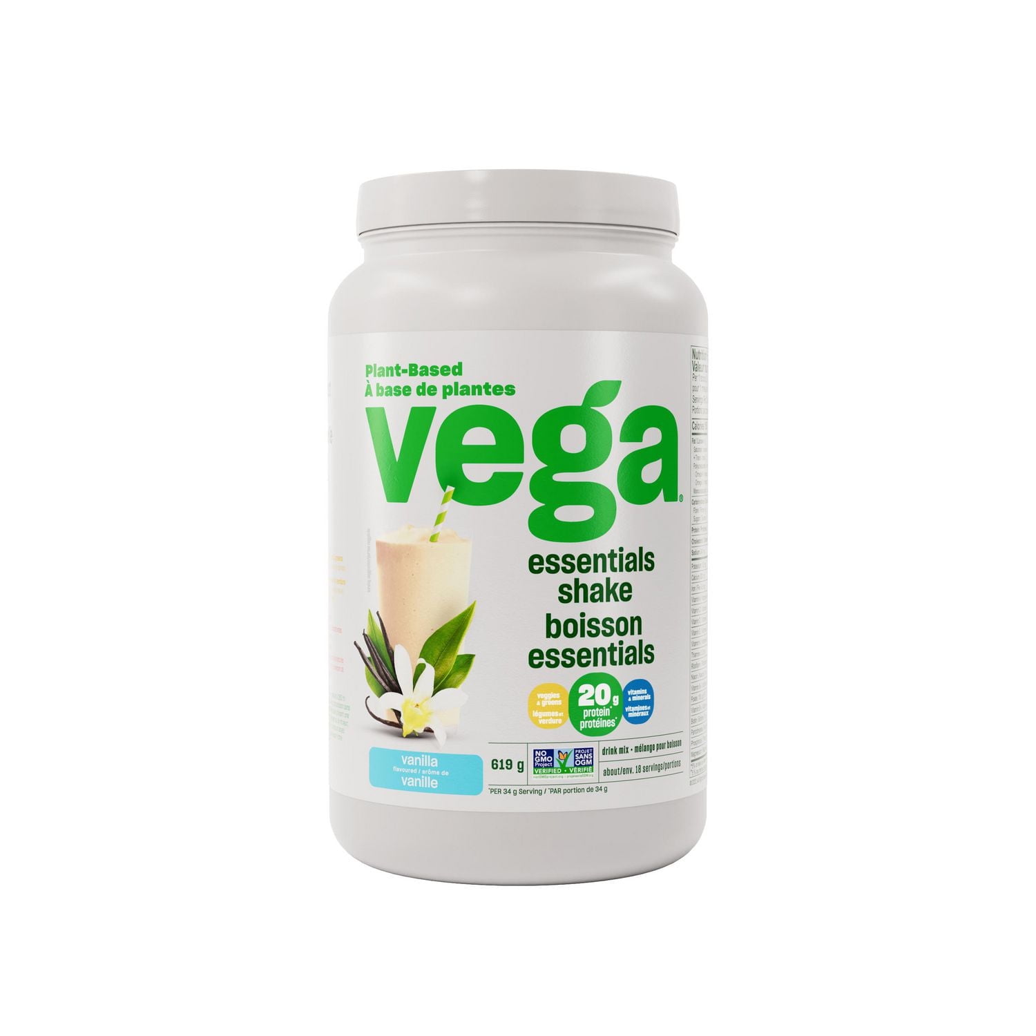 Vega Vega Essentials Plant-Based Protein Powder, Vanilla, 18 Servings, 619g supplement bottle
