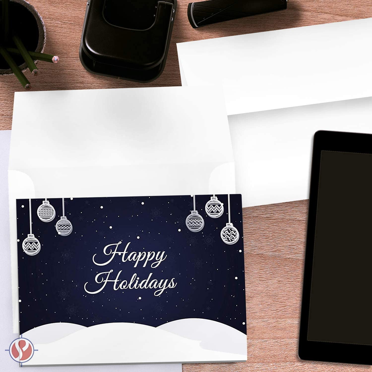 Blue Happy Holidays – Blank Fold Over Greetings Cards & Envelopes – for Christmas and New Year’s Gifts and Presents | 25 Cards and 25 Envelopes per Pack | 5 x 7” (When Folded)