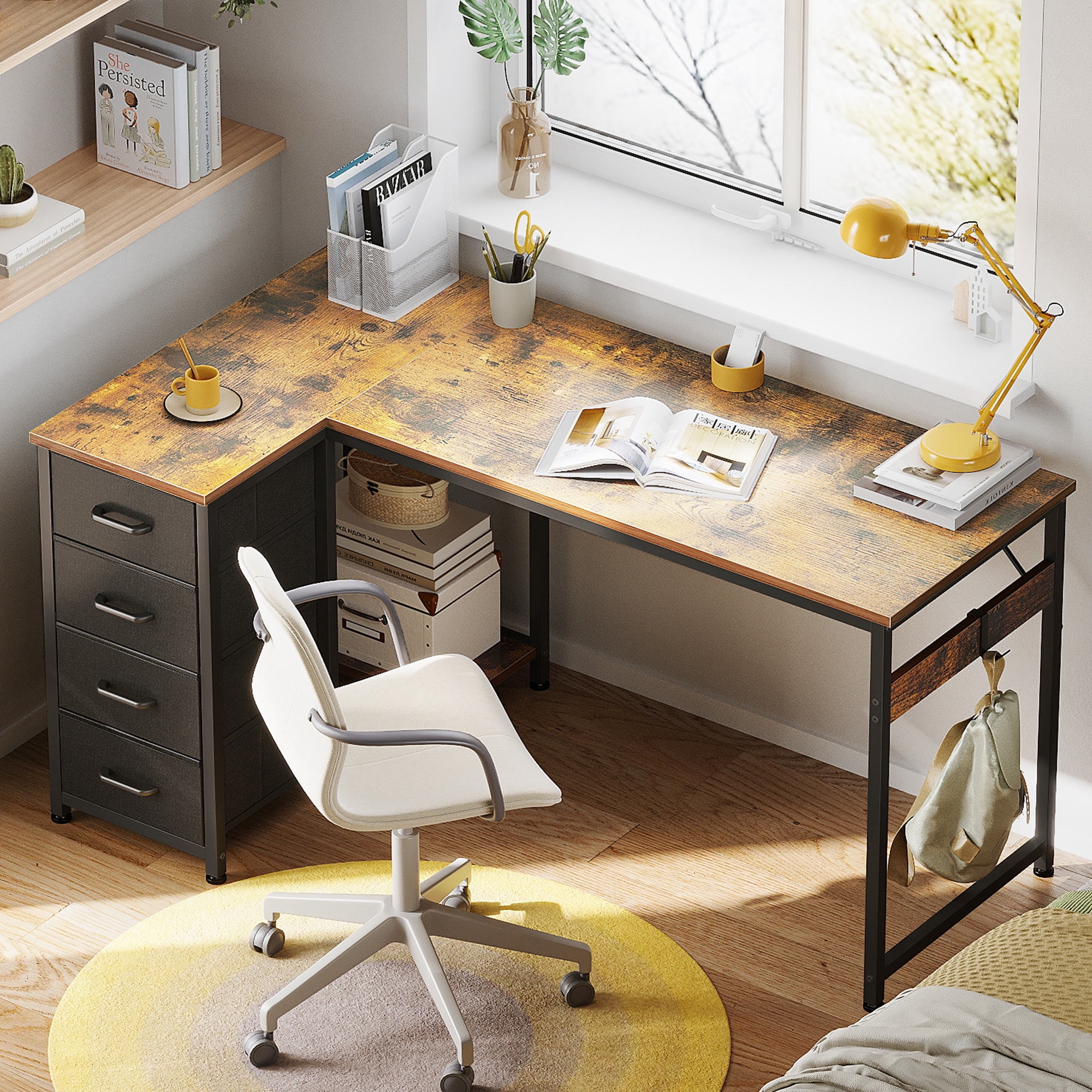 48 inch Computer Desk with 4 Fabric Drawers — Home Office Desks with Storage, Writing Desk with Side Hook, Desk Study/Work Table for Bedroom and Small Space, Vintage