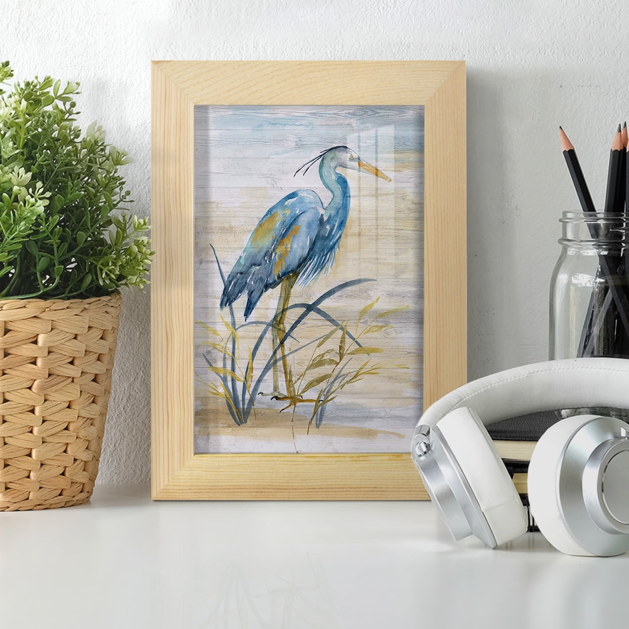 Blue Heron I -Framed Print w/glass-Natural Wood