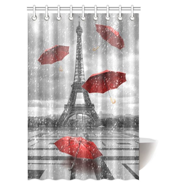 Mypop Eiffel Tower Shower Curtain Bathroom Decor Paris City With Flying Red Umbrellas Hooks 48 X 72 Inches Com Mypop Eiffel Tower Shower Curtain, Red Eiffel Tower Shower Curtain Hooks
