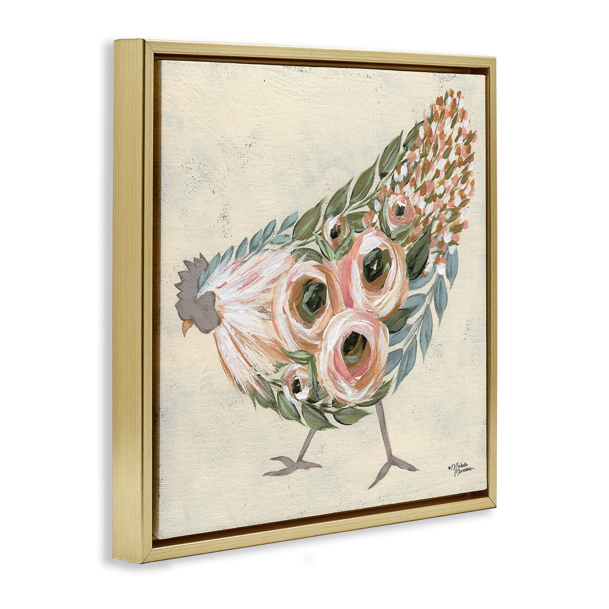 Stupell Industries Vintage Chicken with Floral Body Animals & Insects Painting Gold Floater Framed Canvas Art Print Wall Art, 25 x 25