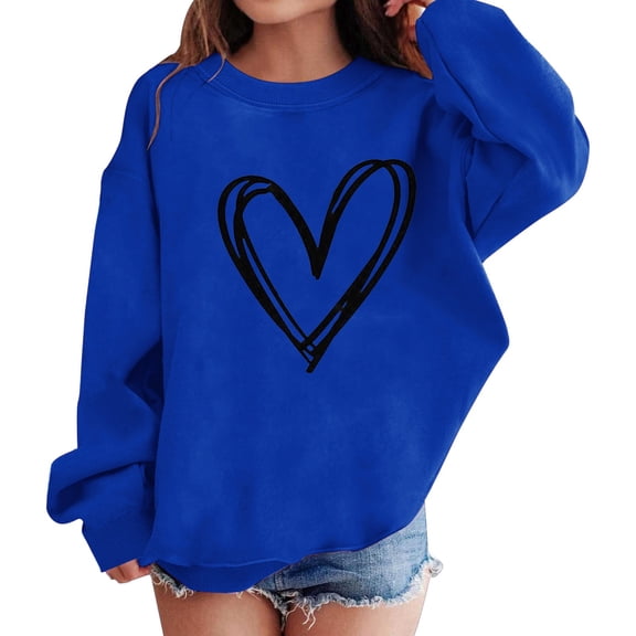 Heart Print Sweatshirt for Girls Cute Oversized Long Sleeve Sweaters Preppy Crewneck Tween Girls Trendy Clothes