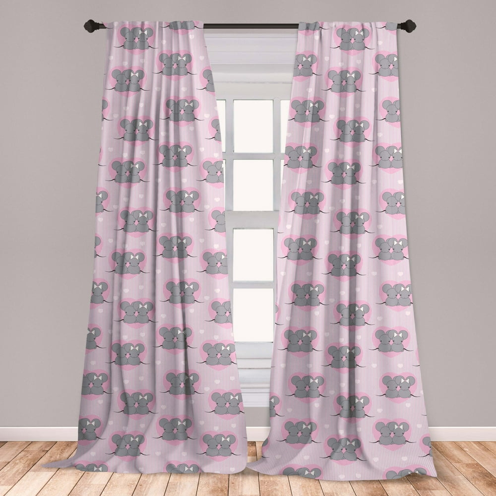 Pink and Grey Curtains 2 Panels Set, Little Mouse Characters with
