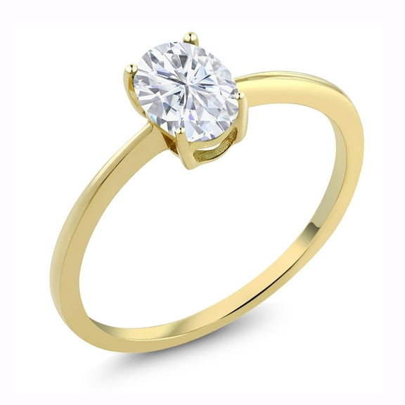 Gem Stone King 10K Yellow Gold White Moissanite Solitaire Engagement Ring | 0.90 Cttw | Oval 7X5MM | Gemstone Birthstone | Wedding Engagement Anniversary Promise Ring for Women (Size 5)
