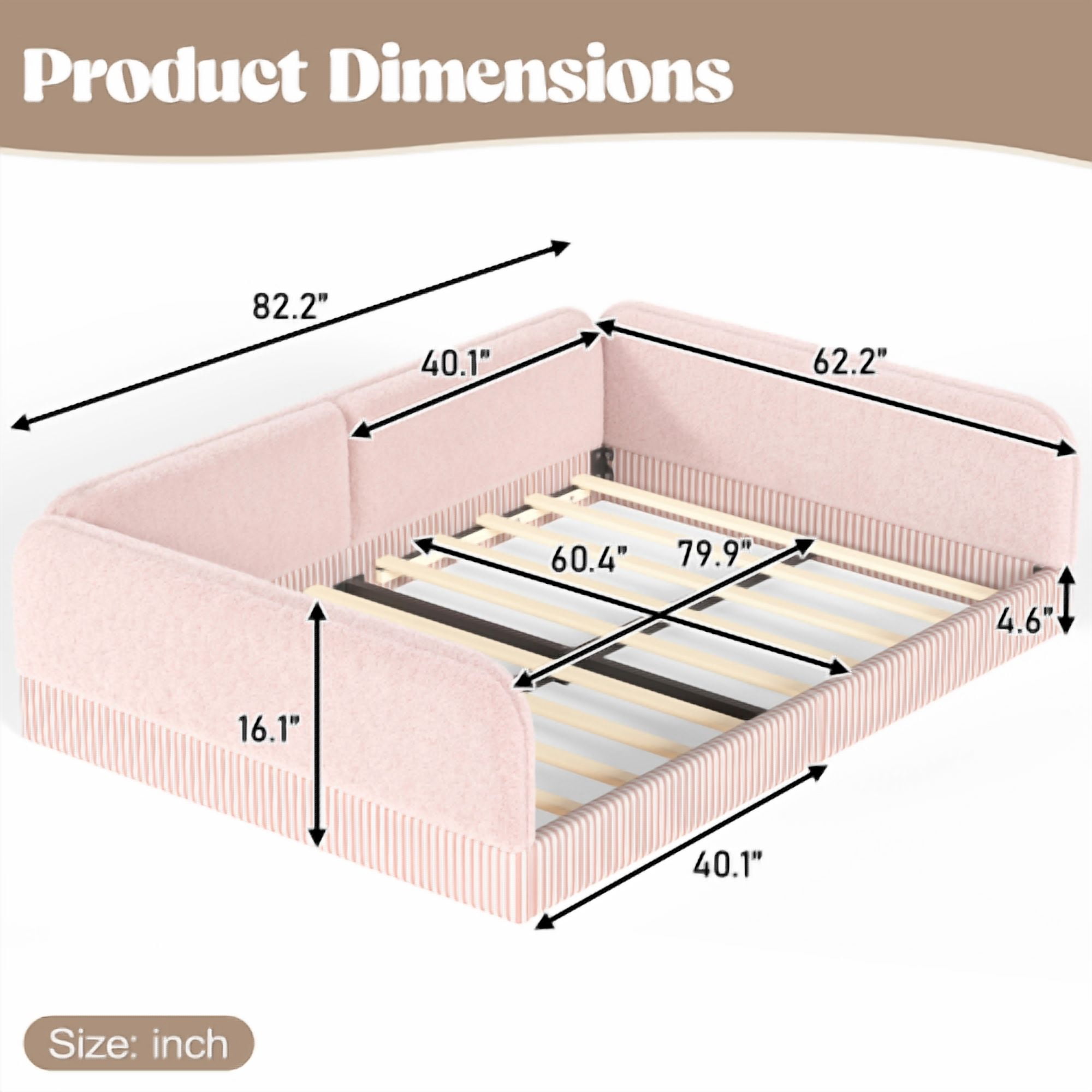 Queen Size Upholstered Teddy Fleece Floor Bed Frame, Half-Enclosed Montessori Low Profile Platform Bed with Full-Perimeter Guardrails for Kids, Pink