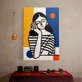 thumbnail image 4 of 1pc Modern Minimalist Canvas Wall Art Featuring a Stylish Woman in Striped Top with Hand - to - Face Gesture, framed Decor room hanging Wall Picture Decor for Home Gifts, living room, bathroom,, 4 of 8