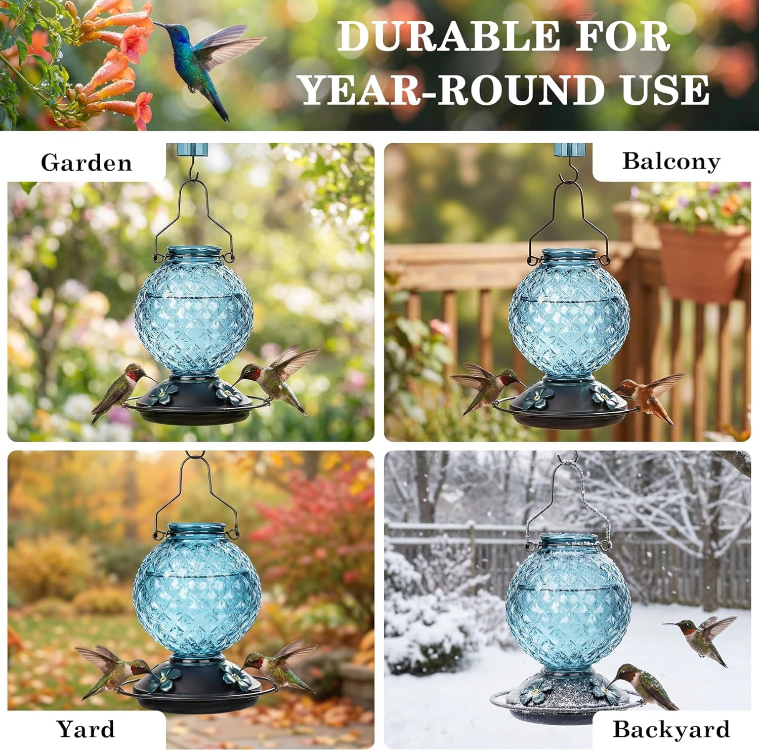 Glass Hummingbird Feeder for Outdoors Hanging, 25 OZ Humming Bird Nectar Feeder with 4 Bee Guard Feeding Ports & Built-in Ant Moat, Bird Feeder for Outside, Gifts for Women Mom, Blue