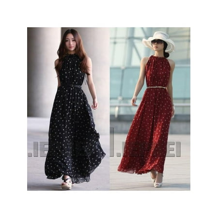 Polka Dot Chiffon Dress - Women Fashion Polka Dot Sleeveless Maxi Boho Dress Casual Summer Beach Party Chiffon Dress