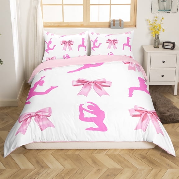 Erosebridal Gymnast Girl Comforter Cover Twin,Pink Bowknot Bedding Twin Size,Dreamy Princess Duvet Cover Twin,Microfiber Bowknot Bedroom Decoration(No Comforter),Reversible,3pcs