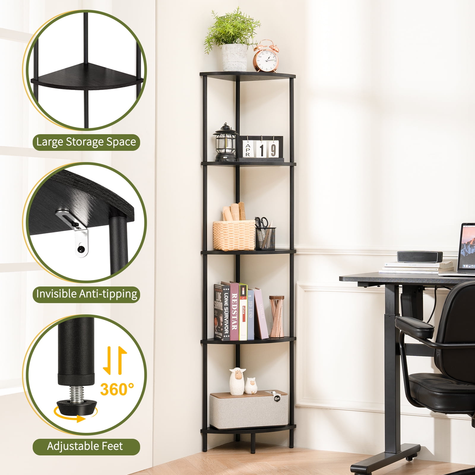 Yoobure Corner Shelf Stand, 5-Tier Corner Shelves, 65" Wall Corner Bookshelf, Display Shelf Tall Shelf Plant Stand for Bedroom, Bathroom, Living Room, Black