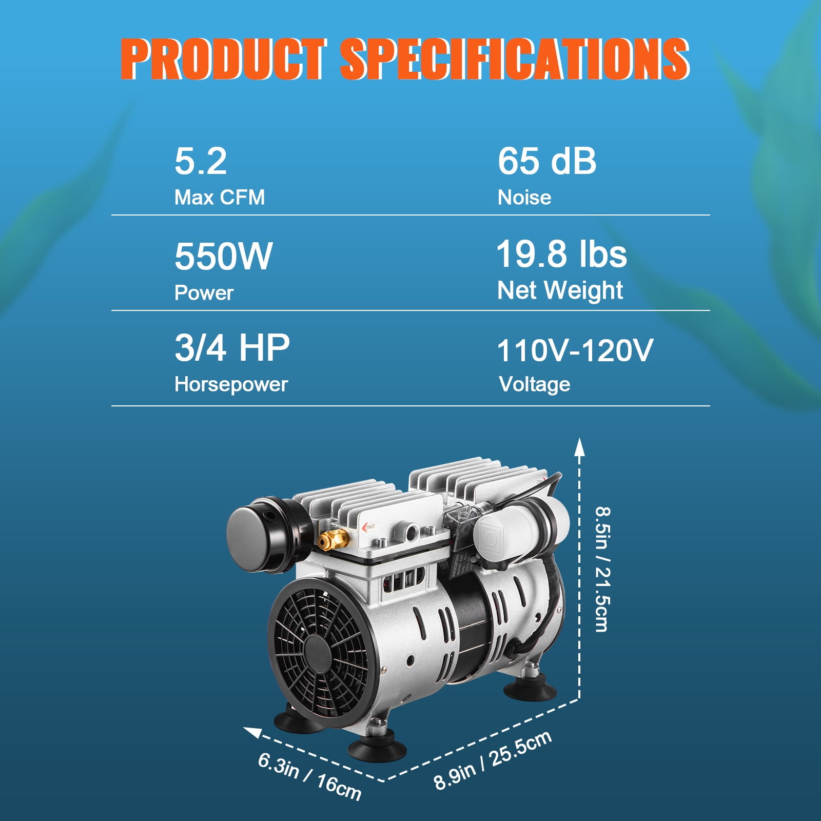 KFFKFF 5.2CFM Pond Aerator Lake 3/4 HP for Up to 3 Acre 50 Feet Deep Pond Aeration Kit 550W with Timer