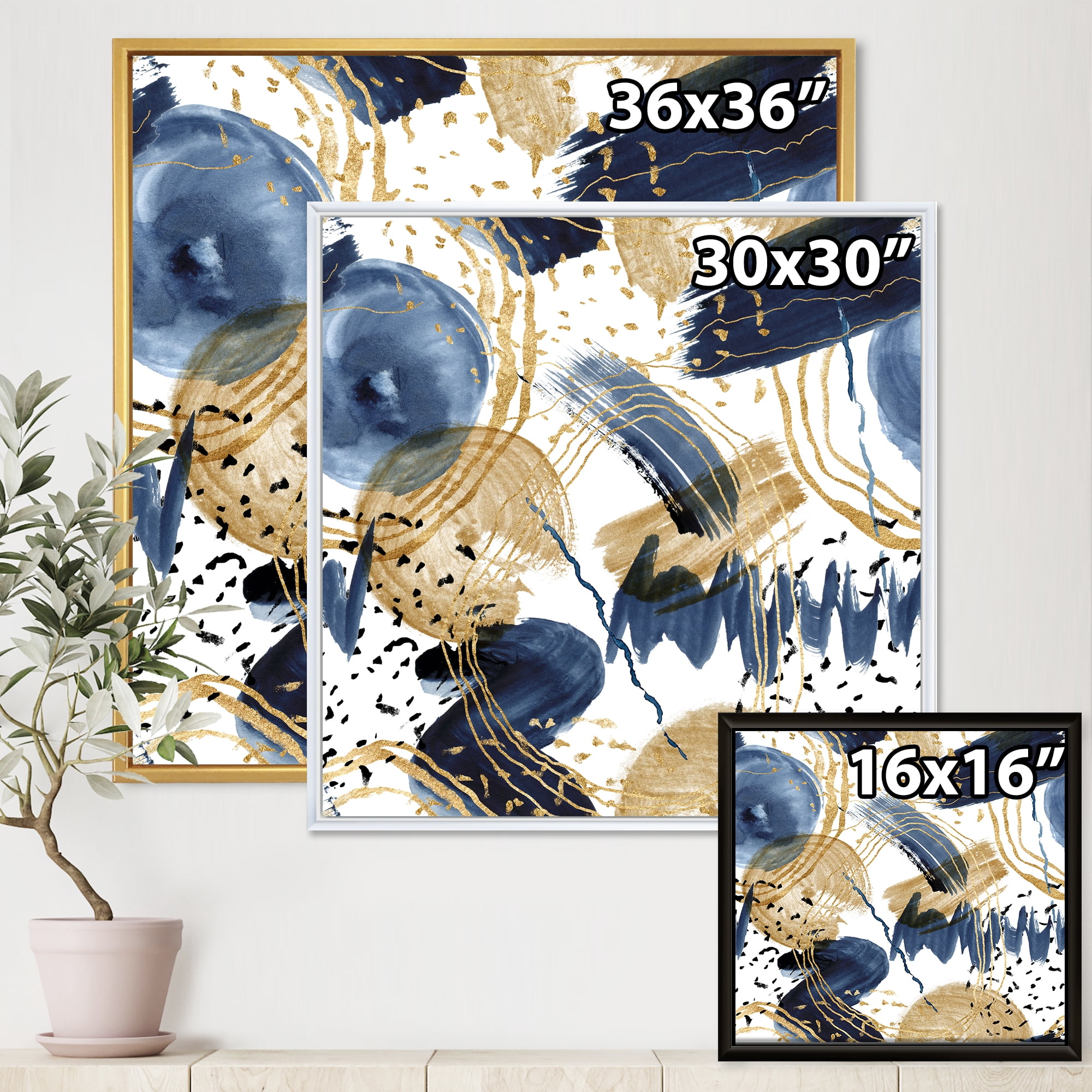 Dark Blue & Golden Textures With Abstract Pattern 16 in x 16 in Framed Painting Canvas Art Print, by Designart