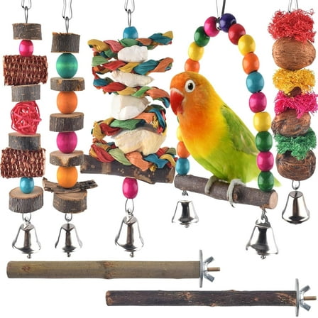 Bird Chew Toys, 7 Packs Parakeet Natural Wood Toys Parrot Hanging Cage Toy Bird Perch Stand for Small Bird Conure Cockatiel Parrotlet Lovebird