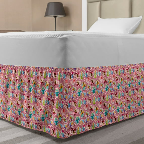 Angel Bed Skirt, Angels with Wings Tinsel Easter Elves Innocence Baby Graphic, Elastic Bedskirt Dust Ruffle Wrap Around for Bedding Decor, 4 Sizes, Multicolor, by Ambesonne