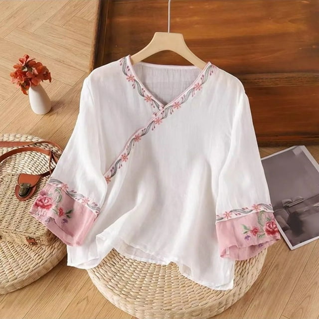 Chemise à Manches Courtes Rétro Ethnique pour Femmes, Ample et en Lin, avec Broderie, Patte de Boutonnage et Boucle, Chemise à Manches Longues pour Femmes, Chemise de Compression pour Femmes, T-Shirt à Rayures pour Femmes, T-Shirt de Course pour Femmes, T-Shirt Raglan à Manches Courtes pour Femmes, Long