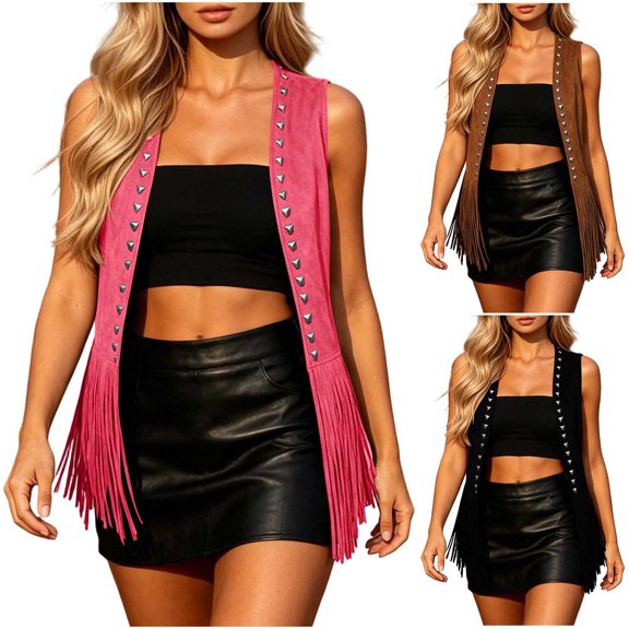 CaComMARK PI Women's Fringe Vest Tops Vintage Western Classic Faux Suede Leather Open Front Sleeveless Cardigan 70s Cowboy Jacket Khaki