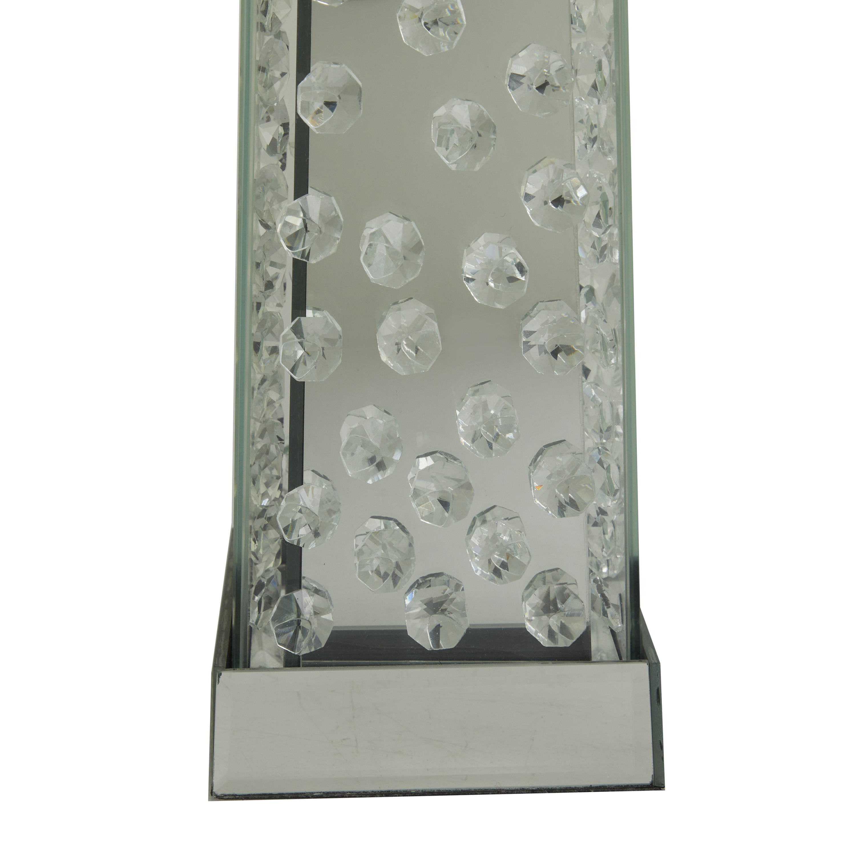 DecMode Silver Glass Pillar Candle Holder with Mirrored Accents and Crystals