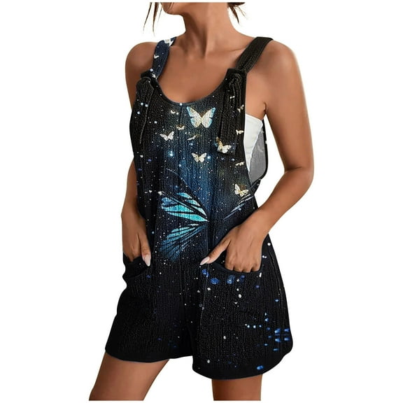 Women's Romper Summer Casual Fashion Butterfly Print Tie Knot Strap Short Jumpsuit with Pocket Scoop Neck Loose Wide Leg Outfits, Multicolor, S
