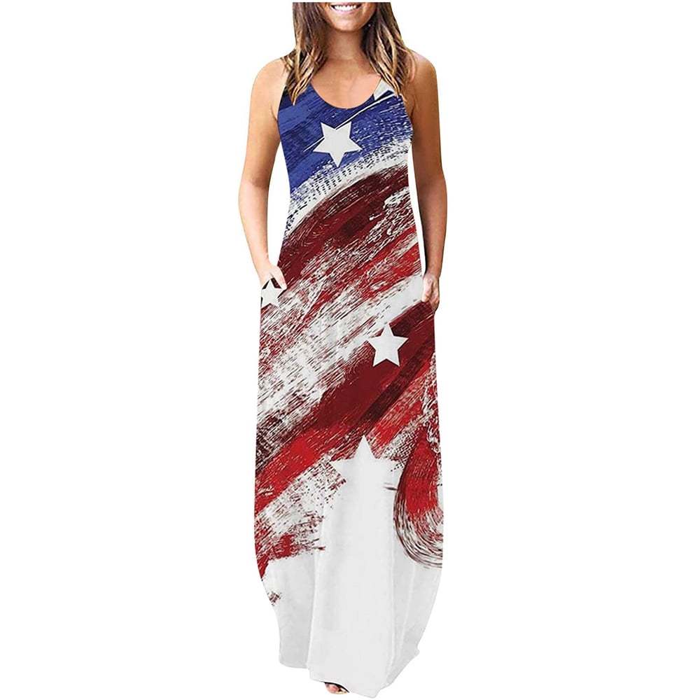 POTO 4th of July Dress for Women Casual Summer Sleeveless Maxi Dress American Flag Long Cami Dress Pockets Beach Dress 