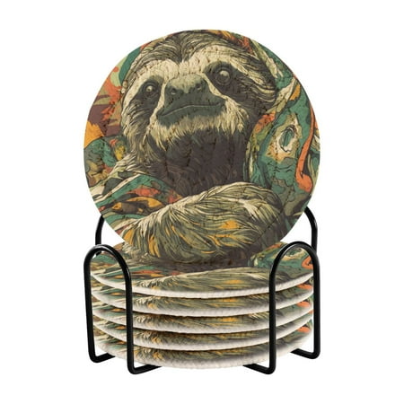 

Qxltty Exotic Style Sloth Pattern Drink Coasters with Holder 6pcs Handmade Woven Simple Vintage Saucer Set