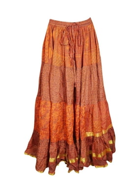 Mogul Women Orange Maxi Skirt Vintage Tiered Full Flared Recycle Sari Printed Summer Beach LONG Skirts M/L