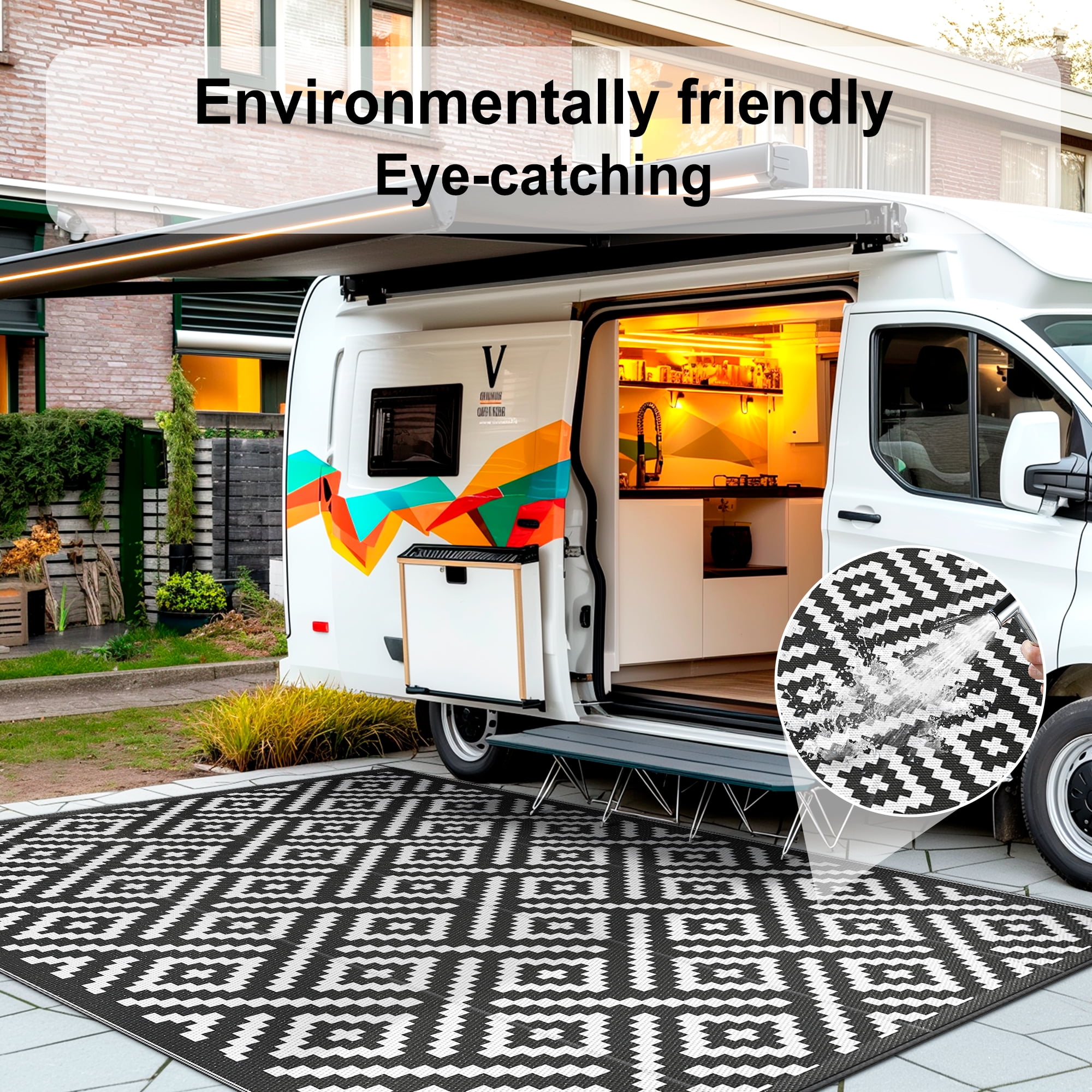 DEORAB Outdoor Rugs Waterproof Plastic Straw Mat 6'x9' Reversible for RV Patio Deck Beach Black & White