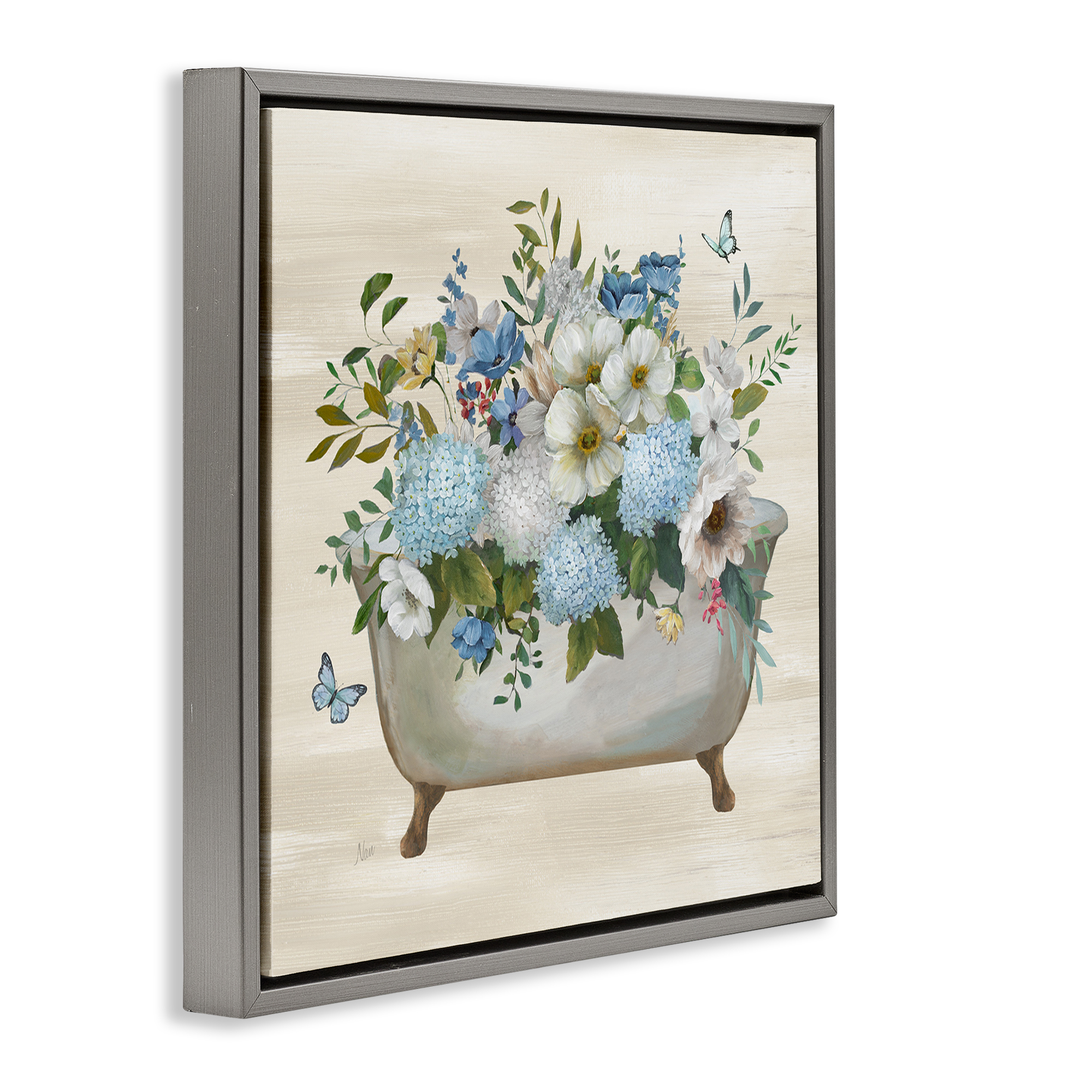 Stupell Industries Full Hydrangea Bathtub Typography Painting Gray Floater Framed Canvas Art Print Wall Art, 25 x 25
