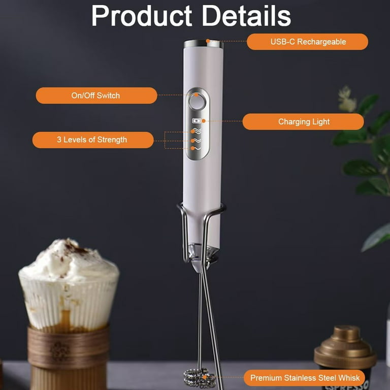 Blsyetec USB Rechargeable Electric Handheld Milk Frother with 3 Heads [White], Size: 33, Silver