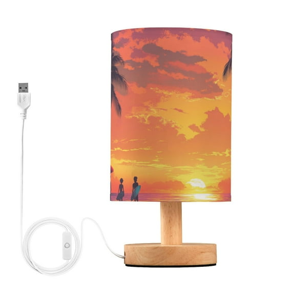 People with Surboards on Sunset Beach Table Lamp with USB Port LED Warm Light Lamp Night Light Home Decor