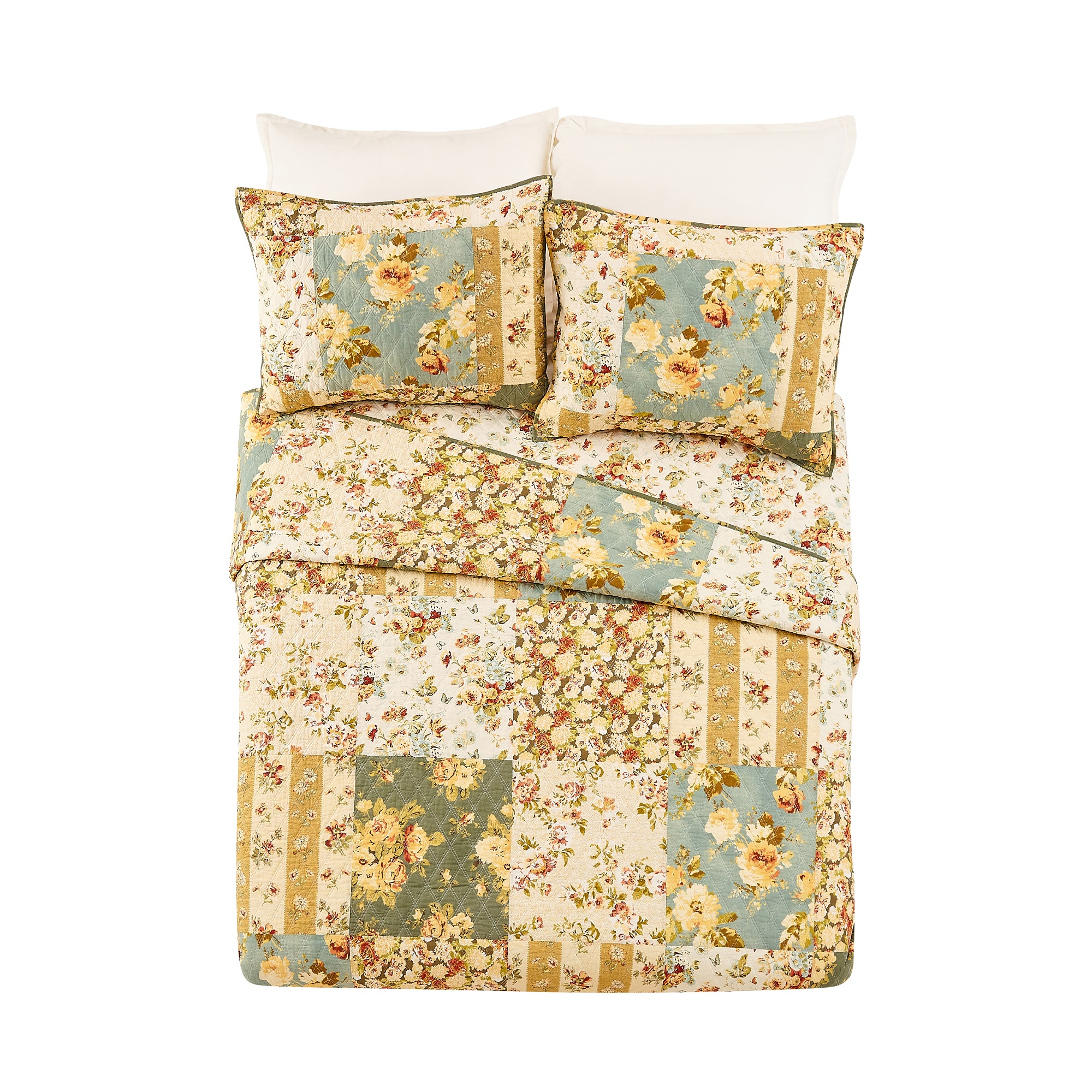 Modern Heirloom Floral Patchwork 3-Piece Quilt Set, Full/Queen