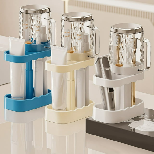 Couples Toothbrush Cup Rack Set Space-Saving Bathroom Organizer Durable Plastic Fits Regular & Electric Toothbrushes Stable Rinse Cup Holder Detachable Drain Base White Beige Blue