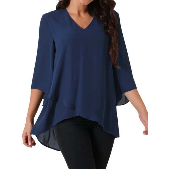 DARING DIVA Women's High Low 3/4 Bell Sleeve V Neck Chiffon Blouse S Navy Blue