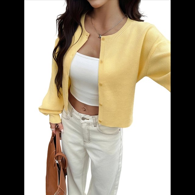 Cárdigan Corto de Punto con Botones para Mujer, Moderno Cárdigan de Otoño con Cuello Redondo y Larga. Amarillo L