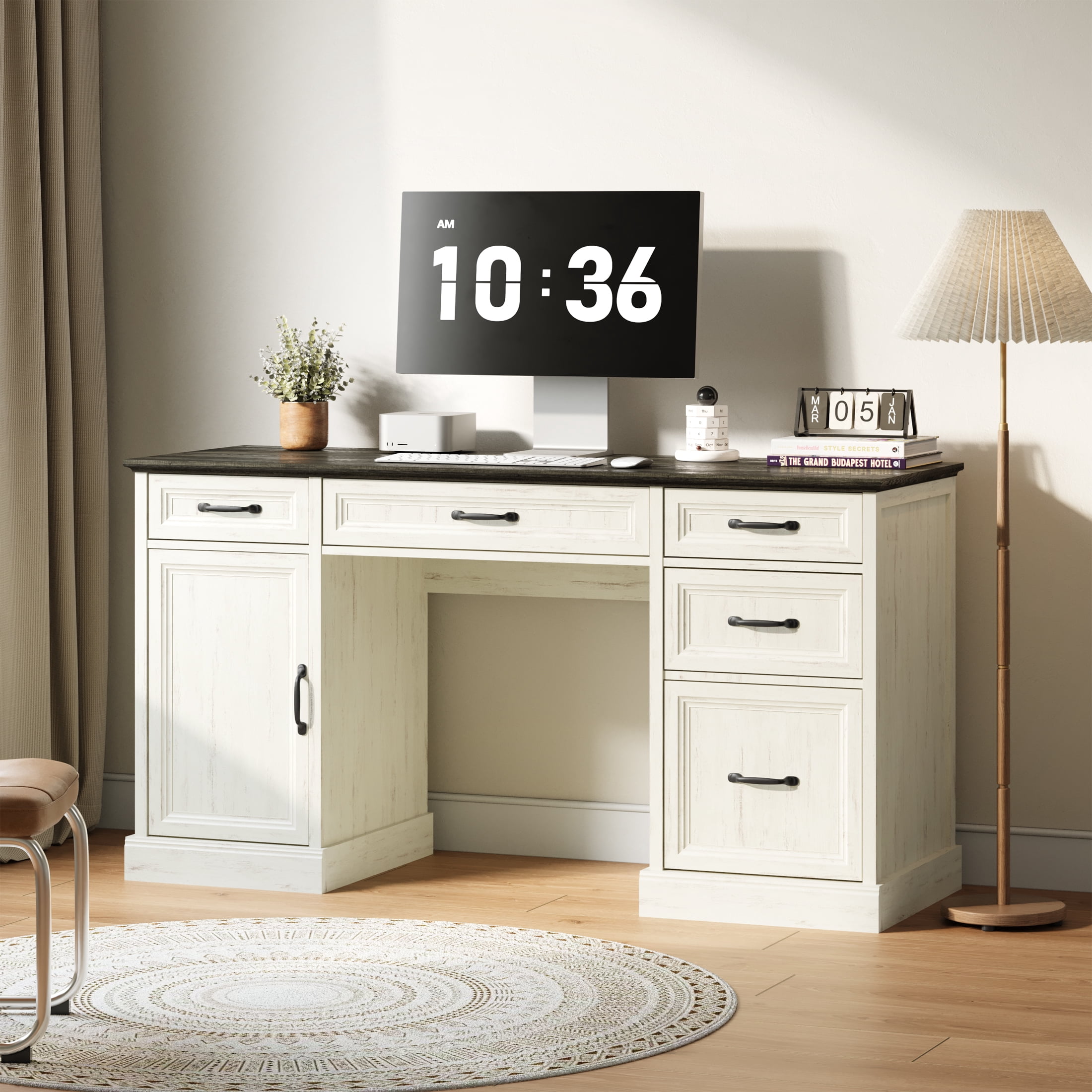 YouTrend 58'' Farmhouse Executive Desk,Wood Home Office Computer Desk with 5 Drawers and Storage Cabinet for Work Study Writing,White