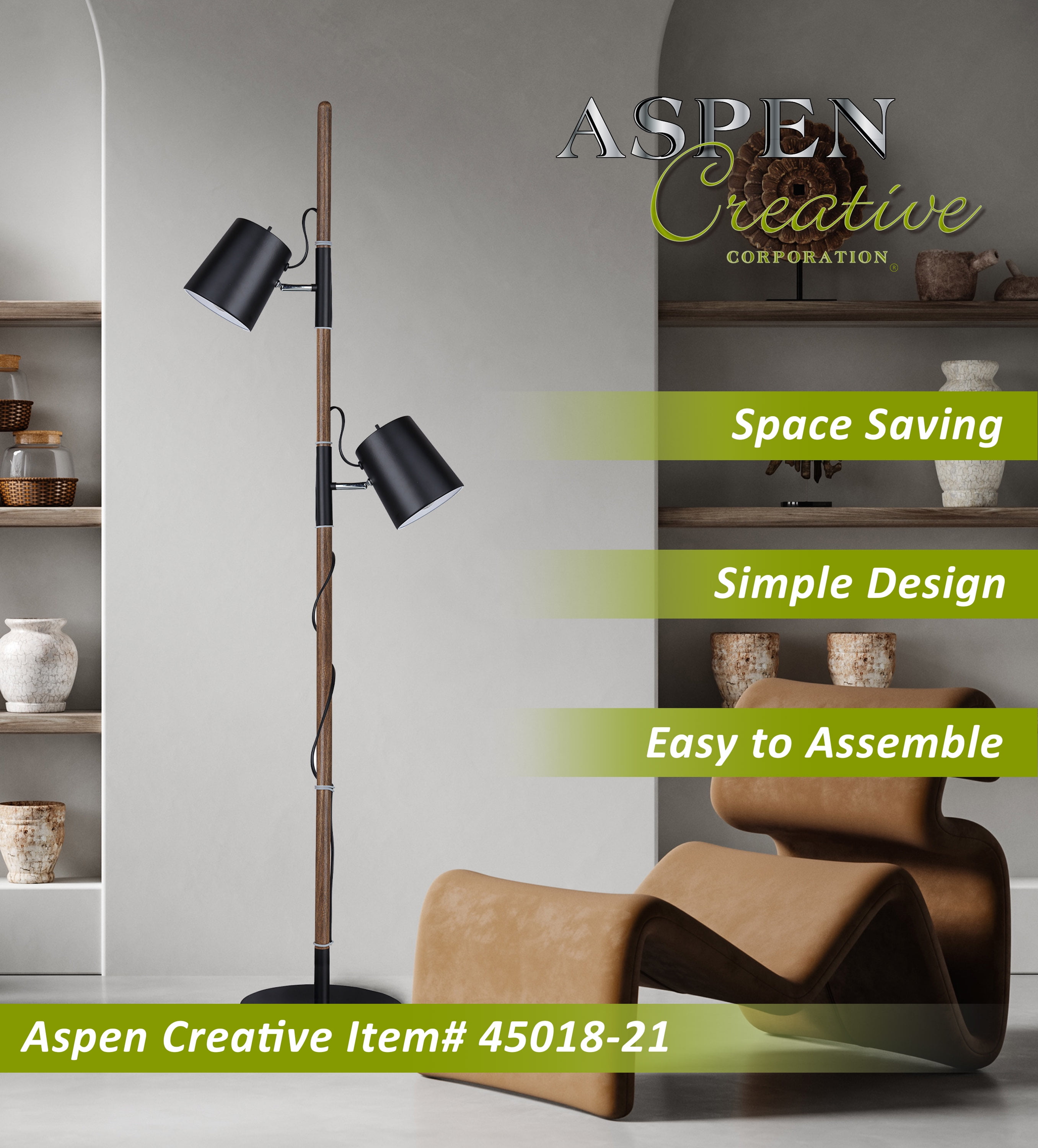 Aspen Creative 45018-21, Two-Light Adjustable Tree Floor Lamp, Modern Design in Matte Black, 61-1/2" High