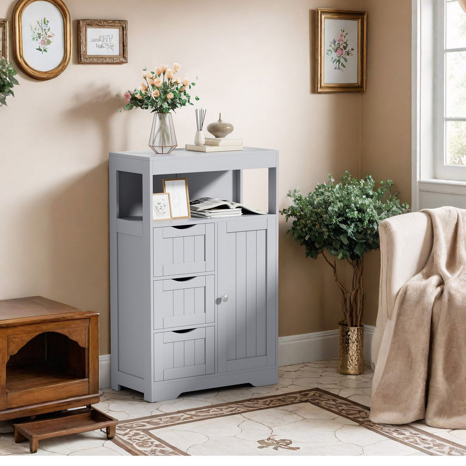 Homall Wood Bathroom Floor Cabinet with 3 Drawers and 1 Cupboard Free Standing Storage Organizer Hallway Entryway Cabinet for Living Room Kitchen, Gray